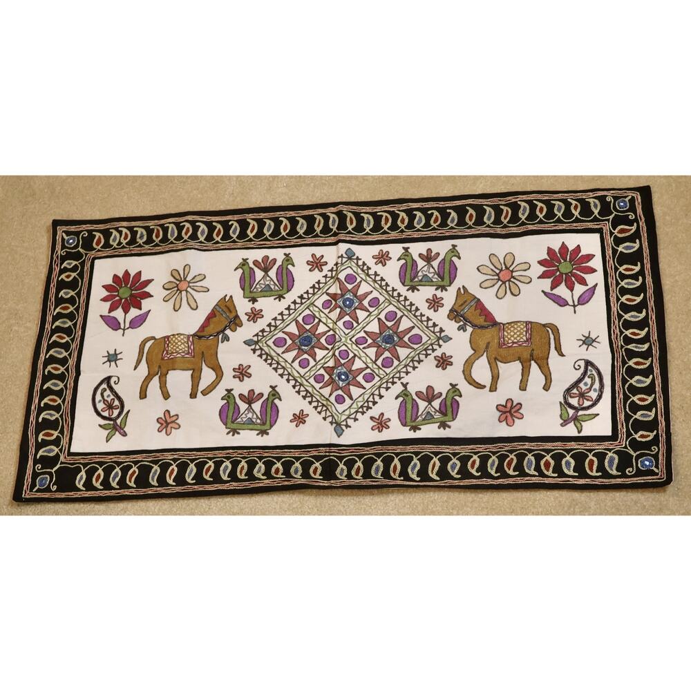 Vintage Hand Embroidered Mirror Work Table Runner Gurjari Indian Folk Art Horses